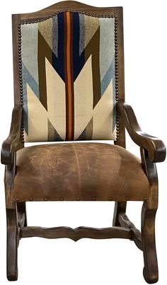 a wooden chair with an upholstered back and armrest, decorated with colorful striped fabric