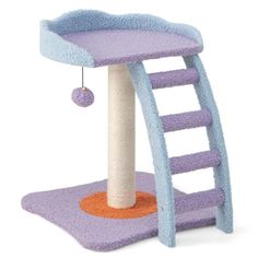 a cat tree with a ladder and ball hanging from it's top, in front of a white background