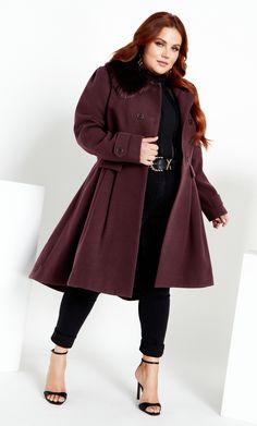 The Grandiose Coat is grandiose indeed, showcasing a stunning spiced plum hue and fabulous faux fur collar. With a striking tailored fit that cinches in at the waist and billows out to the knee, it's a glamorous addition to any outerwear collection. Key Features Include: - Faux fur trimmed collar - Silver trimmed double breasted button opening - Long sleeved with button tab cuff detail - Faux front pockets with feature pleating - Side functional pockets - A-line silhouette - Fully lined durable fabrication Style over your corporate outfit for a feminine touch. | Plus Size Coat Grandiose in Spiced Plum, Size 16/S | City Chic Purple Faux Fur Trim Coat For Fall, Women's Plus Size Fury Coats, Purple Long Sleeve Fur Coat With Faux Fur Trim, Winter Purple Faux Fur Coat, Purple Faux Fur Coat, Burgundy Faux Fur Coat, Black Dress With Sleeves, Chic Coat, Beach Dresses Summer