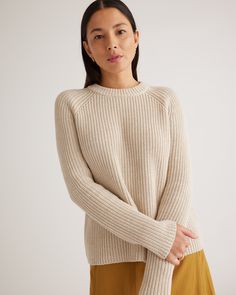 Say hi to our classic fisherman knit sweater in a lighter weight 100% organic cotton. With allover rib detailing, this sweater has the ideal vibe for chill days and evenings. The perfect layering piece to help transition from fall all the way through spring to throw on with a light silky skirt or your favorite jeans. Also offered in sizes 1X-3X.  | Quince | Women's Fisherman Crew Sweater in Speckled Beige, Size XL, Organic Cotton Spring Merino Wool Everyday Sweater, Fisherman Knit Sweater, Silky Skirt, Favorite Sweater, Fair Skin, Organic Fabrics, Silk Skirt, Best Wear, Mock Neck Sweater