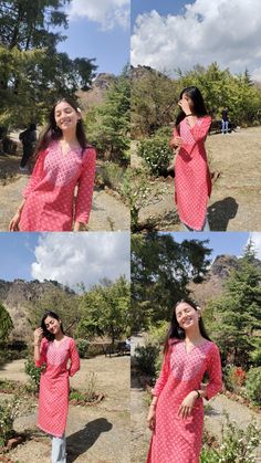 three pictures of a woman in pink dress posing for the camera with trees and bushes behind her