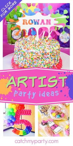 a birthday cake with sprinkles and the words artist party ideas