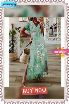 Women's Long Dress Maxi Dress Casual Dress A Line Dress Print Dress Flower Fashion Streetwear Daily Date Vacation Split Print Short Sleeve V Neck Dress Regular Fit White Green Beige Spring Summer S M Printed V-neck Maxi Dress For Beach Season, V-neck Leaf Print Dress For The Beach, Green V-neck Printed Beach Dress, V-neck Beach Dress With Palm Tree Print, Spring V-neck Dress With Palm Tree Print, Maxi Dress Casual, Womens Long Dresses, Dress Flower, Line Dress