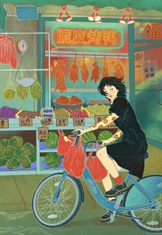 a woman riding on the back of a bike next to a fruit and vegetable stand