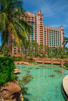 a large hotel is in the background and there are palm trees on either side of the pool