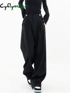 Cyflymder- Casual Wide Leg Pants Black / Xs Baggy Full-length Bottoms For Workwear, Stretch Straight Pants With Button Closure, Black Pants With Button Closure For Fall, Black Cotton Pants With Button Closure, Baggy Solid Bottoms For Workwear, Stretch Straight Pants With Buttons, Stretch Straight Dress Pants With Button Closure, Non-stretch Full-length Pants With Buttons, Baggy High Waist Work Pants