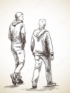 two young men walking down the street sketched on paper, hand drawn by ink