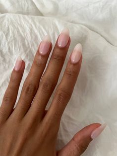 Natural Long Oval Nails, Gel Nail Polish On Natural Nails, Opaque French Nails, Blended French Manicure, Milky French Tip Nails Almond, Naked French Tip Nails, Nara Smith Nails, Almond Nails Ideas Elegant, Milky Clear Nails