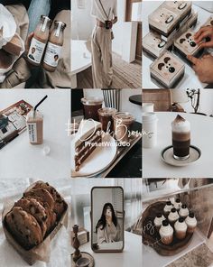 a collage of photos with coffee, cookies and other things to eat on the table