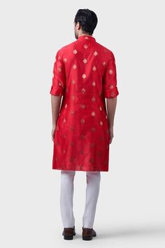 Red silk kurta with floral buttis and tonal stitch line embroidery. - Aza Fashions Designer Red Traditional Wear For Festive Occasions, Designer Red Traditional Wear For Festive Season, Designer Red Sherwani For Navratri, Red Art Silk Kurta With Chikankari Embroidery, Designer Kurta For Diwali And Traditional Ceremonies, Designer Kurta For Traditional Ceremonies And Diwali, Red Sherwani With Zari Work For Puja, Red Sherwani With Chikankari Embroidery For Diwali, Red Ceremonial Kurta For Diwali