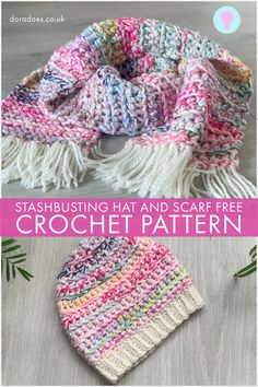 Separate images of a crochet scarf and hat made in multiple colours using leftover yarn. Text overlay reads ‘stashbusting hat and scarf free crochet pattern.’ Chunky Crochet Pattern, Diy Crochet Scarf, Super Chunky Crochet, Beanie Hat Crochet Pattern, Crochet Hat Sizing, Beanie Knitting Patterns Free, Scrap Yarn Crochet