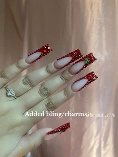 Red Sets Nails, Red Nail Designs Y2k, Badazled Nails, Sabor Fresa Nails, Best D Ever Strawberries, Medium Curved Acrylic Nails, Soft Glam Nails, Red Rhinestone Acrylic Nails, Full Rhinestone Nails