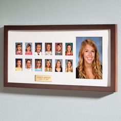 a woman's face is shown in a brown frame with many photos on it