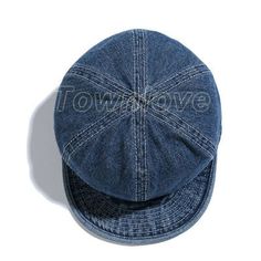 a blue denim cap with the word town move on it's front and side