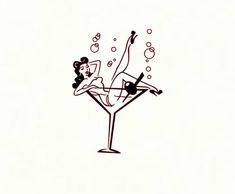 a drawing of a woman laying on her back in a martini glass with bubbles coming out of it