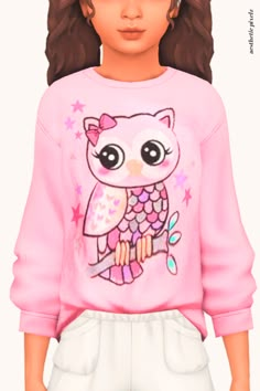 a girl wearing a pink sweater with an owl on it