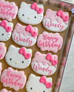 hello kitty decorated cookies with pink bows and happy birthday written on them in frosting