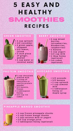 the 5 easy and healthy smoothies recipe is shown in this poster, with instructions to make