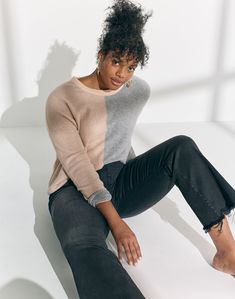 madewell westlake colorblock pullover sweater worn with cali demi-boot jeans + mobile statement earrings. West Lake, Pullover Sweater, Pullover Sweaters, Statement Earrings