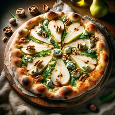 a pizza with pears and other toppings on a wooden board next to nuts