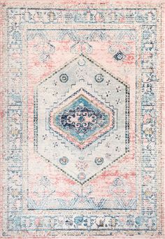 an area rug with blue, pink and white colors on the bottom half of it