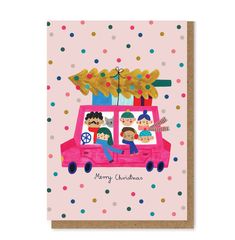 a christmas card with the words merry christmas on it and people riding in a pink car