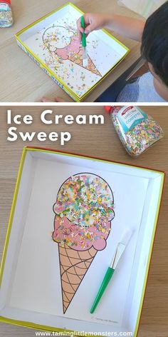 an ice cream tray with sprinkles on it and the words ice cream sweep in