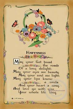 a poem written in the language of happiness with flowers and butterflies around it on a beige background