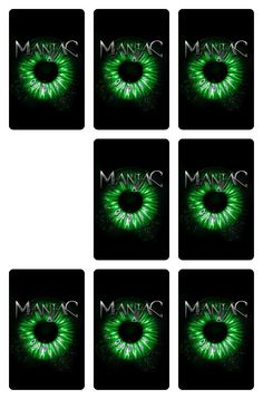 four square coasters with the words manic on them in white and green lights