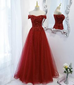 Tulle Evening Dress For Homecoming Party, Sequined Tulle Prom Evening Dress, Sequined Floor-length Prom Ball Gown, Sequin Floor-length Ball Gown For Prom, Sequined Tulle Evening Dress For Prom Season, Red Sequined Ball Gown For Party, Prom Tulle Evening Dress For Party Season, Glitter Tulle Floor-length Prom Gown, Floor-length Glitter Tulle Prom Gown