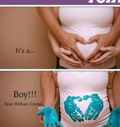 two pictures of pregnant women with hands on their stomach and the words it's a boy