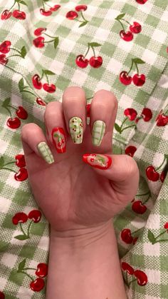 gingham cherry nails  #nails #nailart #nailinspo Cherry Nails Aesthetic, Red Gingham Nails, Gingham Nail Art, Gingham Nails, Apple Nails, Fruit Nails, Country Nails, Cherry Nails, Nail Art Salon