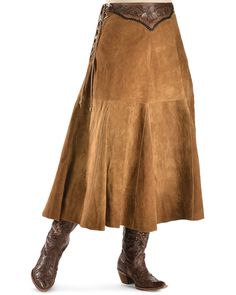 Kobler Leather Women's Choctaw Tooled Leather Lace-Up Suede Skirt, Cognac Western Skirts, Looks Country, Skirts With Boots, Women Fashion Edgy, Suede Fashion, Fringe Skirt, Boho Skirts, Suede Skirt, Tooled Leather