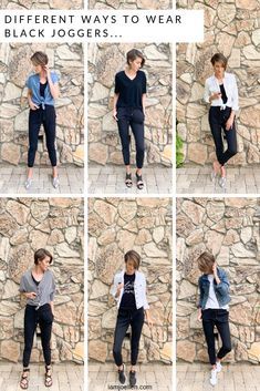 Black Jogger Summer Outfit, Black Jogger Dress Pants Outfit, What Shoes To Wear With Joggers Dressy, Chic Joggers Outfit, Black Joggers Outfit Casual Spring, How To Dress Up Black Joggers, Zyia Activewear Outfits For Work, Black Joggers Outfit Casual Fall, How To Wear Joggers Women