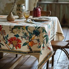 the table is covered with a floral print