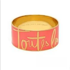 From The Garance Dor Collaboration With Kate Spade. This French Idiom Bracelet Is Sure To Catch Everyone's Interest! Style: Bangle "Toutes Les Filles Sont Folles" On Outside Of Bangle Inside Inscribed "All The Girls Are Crazy" And Kate Spade New York Coral Pink With Gold Plated Brass Slide On Style Diameter Of Inside Of Bracelet: 2.75" New With Tag, "Kate Spade" Jewelry Cloth/Pouch And Product Care Card Troll Beads, Kate Spade Bracelet, Kate Spade Bangle, Garance Dore, Crystal Bangle, Coral And Gold, Spade Jewelry, Kate Spade Jewelry, Enamel Jewelry