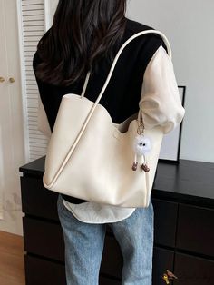 Bird in Bag - Solid Color Faux Leather Fashionable Tote Bag with Magnetic Closure and Pendant Decoration for Womens Daily Use Cream Faux Leather Shoulder Bag For Daily Use, Everyday Cream Faux Leather Shoulder Bag, Casual White Faux Leather Bag, White Faux Leather Shoulder Bag For Everyday Use, Casual White Faux Leather Shoulder Bag, Everyday White Faux Leather Bags, Modern Rectangular Hobo Bag With Magnetic Closure, Chic Tote Flap Bag With Magnetic Closure, Large Capacity White Faux Leather Bag