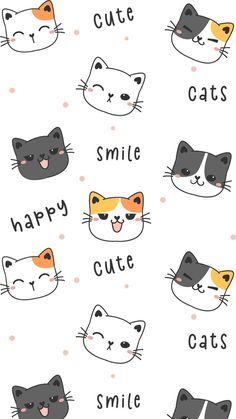 cats with different facial expressions and words on the face are shown in this hand drawn illustration