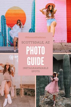 the scottsdale, az photo guide instagram is featured in pink and blue colors