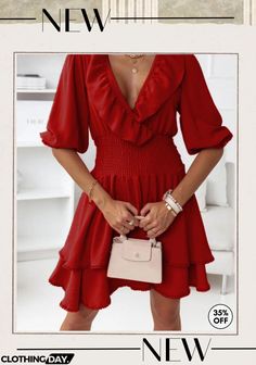 Women's Dresses Solid V-neck Elastic Waist Ruffle Dress Sweater Dress Casual, Plain Dress, Mini Robes, Solid Color Dress, Sleeves Clothing, Mini Dresses For Women, Short Sleeve Mini Dress, Sweater Dress Midi, Casual Summer Dresses