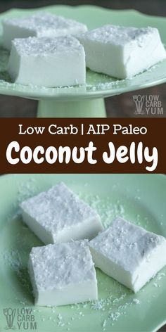 low carb aip paleo coconut jelly on a green plate with text overlay