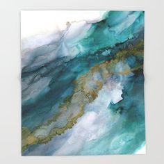 an abstract painting with blue, green and gold colors on white background throw blanket by duckyboom