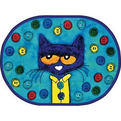 a painting of a cat with buttons on it's face and eyes, sitting in front of a blue background