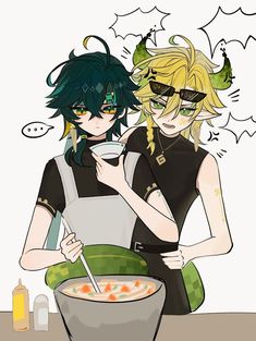 two anime characters are cooking together in front of a bowl of soup with chopsticks