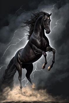 a horse that is standing on its hind legs in the air with lightning behind it