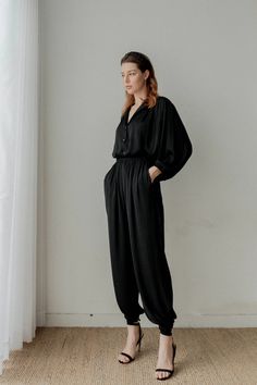 Ready to Ship Blair Black Satin Joggers - Etsy Relaxed Fit Bottoms With Button Cuffs For Loungewear, Black High-waisted Viscose Bottoms, Versatile Black Viscose Bottoms, Black High-waisted Viscose Pants, Black Viscose High-waisted Pants, Black Tapered Leg Pants For Daywear, Black Tapered Leg Daywear Pants, Black Full Length Viscose Bottoms, Black Viscose Trousers