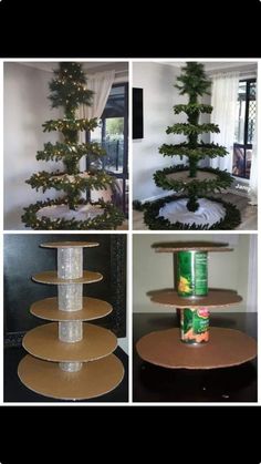 christmas tree made out of cardboard boxes and tinsel