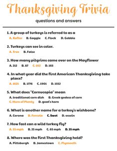 the thanksgiving trivia is shown in orange and white