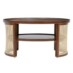 an oval coffee table with wicker and wood trimmings on the top, against a white background