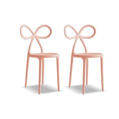 two pink chairs with bows on them, one is made out of plastic and the other has